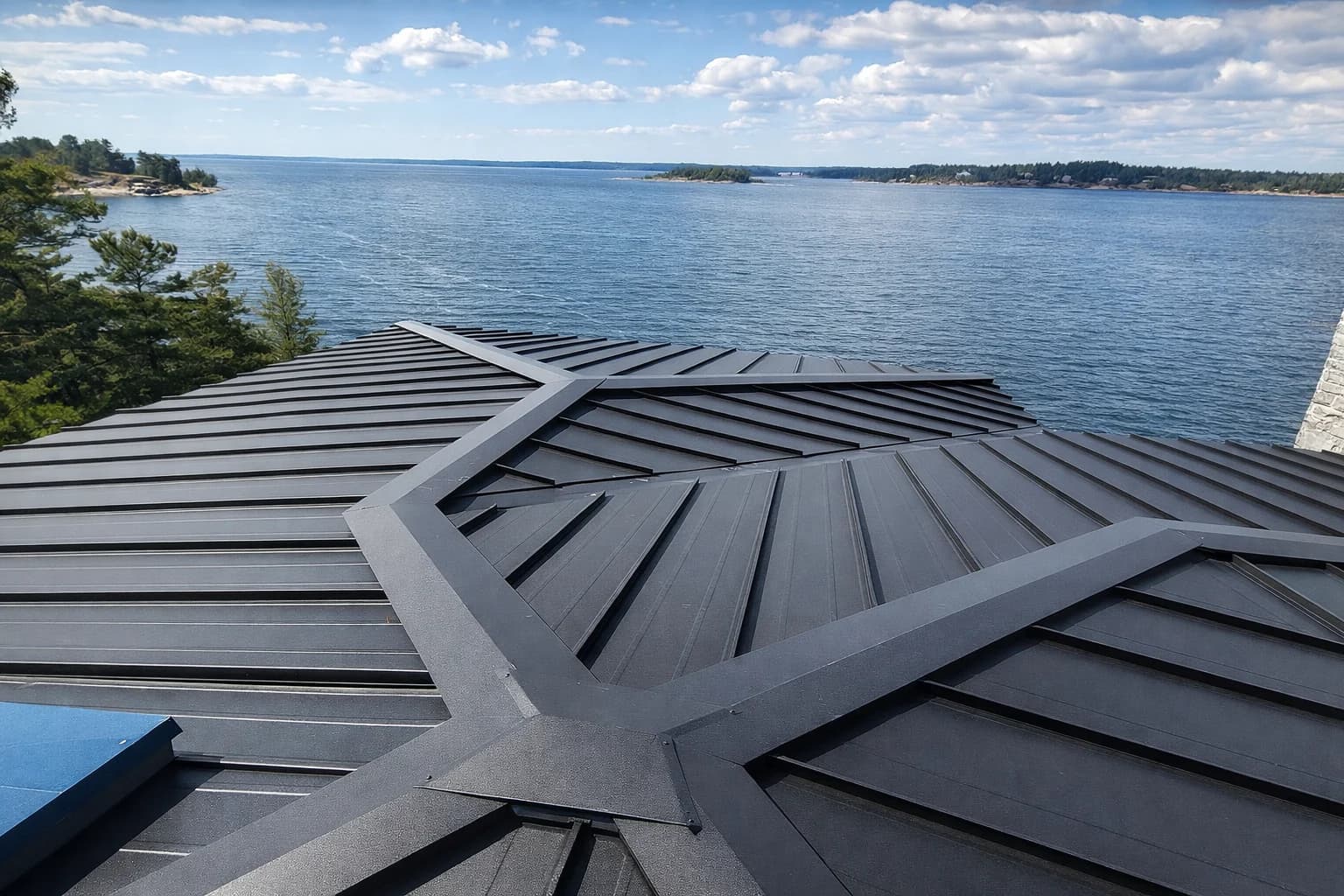Intersecting dark metal rooflines overlooking open water
