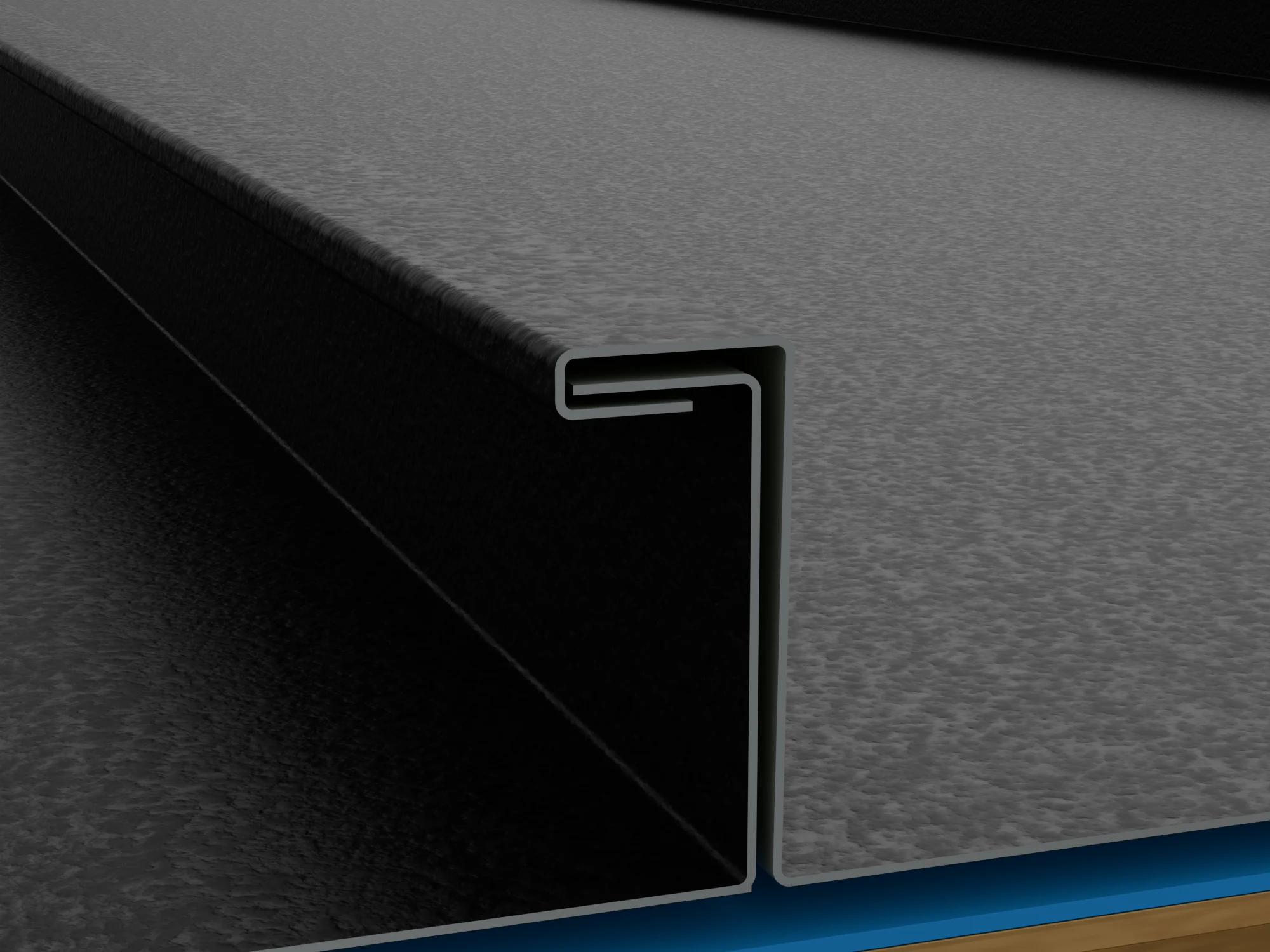 Close view of the folded metal layers in Endura’s mechanically locked standing seam